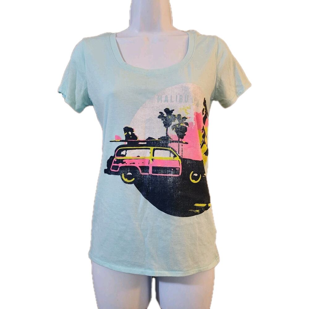 Arizona Womens Graphic Tee Size XS Blue Malibu Beach Car Print Cap Sleeve Top